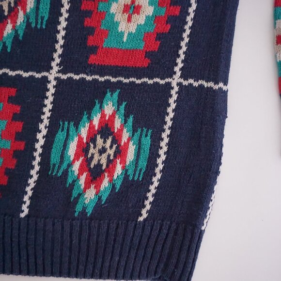 Vintage '90S Rivertrader Navy Knit Teal Red Aztec Cotton Blend  Crew Sweater L - Picture 6 of 12
